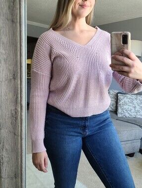 Poof Apparel Cropped V-Neck Ribbed Knit Sweater - Light Pink